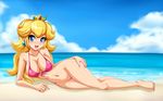  1girl arm_support armpits beach bikini bikini_top blonde_hair blue_eyes blush bottomless breasts clouds crown earings female jewlery large_breasts long_hair looking_at_viewer lying navel nintendo ocean on_side open_mouth pink_bikini princess_peach pussy sigurd_hosenfeld smile super_mario_bros. uncensored vagina water 