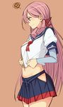  akashi_(kantai_collection) blue_skirt commentary_request green_eyes hair_ribbon hip_vent kantai_collection kosuke_haruhito long_hair long_sleeves midriff navel pink_hair pleated_skirt ribbon school_uniform serafuku skirt solo tress_ribbon undersized_clothes 