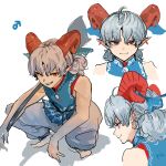  1boy barefoot blue_vest commentary_request earrings eneshi genderswap genderswap_(ftm) grey_hair grin highres holding holding_spoon horns jewelry looking_at_viewer medium_hair oversized_spoon pants pointy_ears red_eyes sharp_teeth sheep_horns smile spoon squatting teeth touhou toutetsu_yuuma vest white_background white_pants 