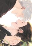  2boys black_hair black_shirt blue_eyes chinese_commentary closed_eyes commentary_request earrings from_side getou_suguru gojou_satoru grass holding_hands interlocked_fingers jewelry jujutsu_tech_uniform layered_sleeves long_hair long_sleeves lying male_focus multiple_boys on_back open_mouth piercing profile shiba44469 shirt short_hair smile teeth upper_teeth_only white_background white_hair yaoi 