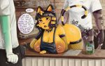 absurd_res animal_crossing ankha_(animal_crossing) anthro apron apron_only armwear black_hair black_lipstick bodily_fluids breasts brown_body brown_fur butt choker clothing coffee_shop desttar dialogue ear_piercing exposed_breasts felid feline female fishnet_armwear fishnet_clothing fishnet_legwear from_behind_position fur genital_fluids gloves goth_ankha green_body green_fur group hair handwear heart_symbol hi_res jewelry lagomorph latex latex_clothing latex_gloves latex_handwear leaking leaking_precum legwear lipstick makeup male male/female mammal money mostly_nude multicolored_body multicolored_fur necklace nintendo nipple_piercing nipple_slip nipples piercing precum sasha_(animal_crossing) sex trio yellow_body yellow_fur