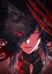  1boy ashveil_(honkai:_star_rail) black_fur black_hair bright_pupils claw_mark commentary_request extra_eyes eyelashes gradient_hair grey_eyes hagi_0929 highres honkai:_star_rail honkai_(series) jacket jewelry long_hair male_focus multicolored_hair necklace open_clothes open_jacket red_background red_eyes sharp_teeth smile teeth tongue tooth_necklace turtleneck wolf 