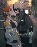  1boy 1girl black_hair black_nails black_pants bleach blush breasts commentary cowboy_shot cropped_jacket dress english_commentary facial_mark grey_jacket gun hair_between_eyes half_mask headset hetero highres holding holding_gun holding_weapon inoue_orihime jacket jacket_partially_removed keitoz kon_(bleach) large_breasts mask nail_polish official_alternate_costume orange_hair pants parted_lips ribbed_sleeves road short_hair side_ponytail sleeveless sleeveless_dress sleeves_past_wrists street stuffed_animal stuffed_lion stuffed_toy sweatdrop thigh_strap ulquiorra_cifer weapon white_jacket 
