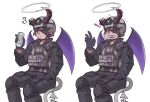  1girl ? ?? asymmetrical_horns black_gloves black_jacket black_pants broken_horn brown_hair bulletproof_vest can chance8000 detached_wings drink_can eyepatch gloves grey_helmet gun halo hand_up helmet holding holding_can holding_gun holding_weapon horns invisible_chair jacket long_sleeves looking_at_viewer monster_energy multiple_views one_eye_covered open_mouth original pants pink_eyes short_hair simple_background sitting smile sweat tactical_clothes tail uneven_horns weapon white_background white_halo wings you're_doing_it_wrong 