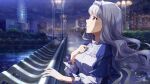  1girl blue_shawl blush bridge building card_commentary cityscape commentary_request ferris_wheel game_cg grey_hair hand_on_own_chest hand_on_railing headband high_collar idolmaster idolmaster_(classic) idolmaster_million_live! idolmaster_million_live!_theater_days lens_flare long_hair looking_to_the_side narumi_arata night nose official_art plant red_eyes river shadow shawl shijou_takane shirt sidelocks sky sleeve_ribbon star_(sky) third-party_source water white_shirt 