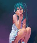  aqua_eyes aqua_hair bare_shoulders chin_rest closed_mouth collarbone digital_media_player dress earbuds earphones hair_between_eyes hair_ribbon hatsune_miku holding ipod long_hair multicolored multicolored_background reise ribbon sailor_collar sailor_dress simple_background skirt solo squatting twintails vocaloid white_dress white_ribbon 