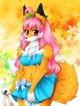  anthro blush canine clothed clothing female fox fur hair looking_at_viewer lovelesskiax mammal open_mouth pink_hair smile solo 