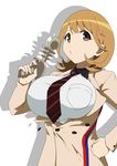  blazer breasts brown_eyes brown_hair buttons energy_gun framed_breasts gobanme_no_mayoi_neko hair_ornament hairclip hand_on_hip heart heart_hair_ornament highres jacket large_breasts looking_at_viewer narusawa_ryouka necktie o3o occultic;nine popped_button ray_gun school_uniform shadow short_hair simple_background solo weapon white_background 