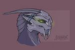  2016 alien ambiguous_gender blue_markings colored fan_character feranta green_eyes green_sclera grey_body grin half-closed_eyes headshot_portrait loganhen markings mass_effect no_pupils pink_background portrait shaded side_view signature simple_background smile toony turian video_games white_markings 