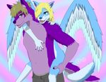 abstract_background blonde_hair blue_eyes blue_fur canine carrying clothed clothing duo female fur hair hug male mammal nude open_mouth piggyback purple_eyes purple_fur romantic_couple silverspecs topless wings wolf 