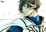  bloom brown_hair copyright_name earrings feathers green_eyes jewelry male_focus saitou_rokuro signature simple_background smile solo sorey_(tales) tales_of_(series) tales_of_zestiria upper_body white_background wind wind_lift 
