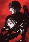  1boy 1girl android beam_gun blame! cyberpunk cyborg elster_(signalis) graviton_beam_emitter gun highres killy mn90047517 red_background revolver robot_girl safeguard_(blame!) scar science_fiction short_hair signalis weapon 