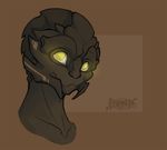  2016 alien big_eyes brown_background bust_portrait colored cute digital_drawing_(artwork) digital_media_(artwork) fan_character female feranta front_view glowing glowing_eyes humanoid lucida_(erkthewanderer) mass_effect no_pupils portrait shaded signature simple_background smile solo toony turian video_games yellow_eyes 