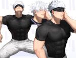  1boy abs axzybrevz bara blindfold blue_eyes compression_shirt gojou_satoru highres jujutsu_kaisen large_pectorals male_focus muscular muscular_male pants pectorals shirt sitting white_background white_hair yaoi 