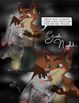  ! &lt;3 angry black_fur blush canine claws clothing comic disney duo english_text eyes_closed female fox fur gloves_(marking) green_eyes grey_fur half_naked hand_on_head inner_ear_fluff judy_hopps lagomorph lidded_eyes long_ears male mammal markings nick_wilde open_mouth orange_fur pink_nose predator/prey progressoftomorrow purple_eyes rabbit size_difference smile tall text white_fur yellow_fur zootopia 