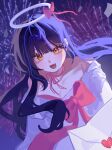  1girl absurdres aerial_fireworks bare_shoulders black_hair blue_hair bow breasts choker cleavage collarbone commentary dress envelope fang fireworks halo heart highres holding holding_envelope korean_commentary letter lilpa long_hair looking_at_viewer love_letter multicolored_hair off-shoulder_dress off_shoulder official_alternate_costume open_mouth pink_bow pink_ribbon reum_reum ribbon ribbon_choker smile solo streaked_hair utaite virtual_youtuber waktaverse white_dress yellow_eyes 