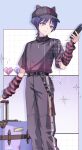  1boy alternate_costume anemo_symbol_(genshin_impact) animal_ear_headwear animal_ears arm_at_side arm_warmers belt belt_buckle black_belt black_hat black_shirt black_sleeves blunt_ends buckle casual cat_ears cellphone chain choppy_bangs closed_mouth commentary_request contemporary eyeliner fake_animal_ears fingernails genshin_impact gradient_clothes gradient_shirt gradient_sleeves grey_pants hand_up hat heart highres looking_at_phone makeup male_focus namimenou o-ring o-ring_belt pants peaked_cap phone pink_shirt pink_sleeves purple_eyes purple_hair red_eyeliner rolling_suitcase scaramouche_(genshin_impact) shirt short_sleeves simple_background smartphone smile solo standing striped_arm_warmers suitcase tsurime wanderer_(genshin_impact) watermark 