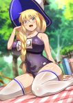  1girl aesc_(fate) aesc_(rain_witch)_(fate) blonde_hair blue_eyes braid breasts fate/grand_order fate_(series) glasses guriguri_(arayotto4351) hat highres large_breasts long_hair looking_at_viewer round_eyewear side_ponytail solo white_hat witch_hat 