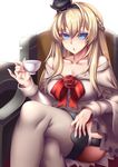 bare_shoulders blonde_hair blue_eyes breasts chestnut_mouth cleavage collarbone crossed_legs cup dress fi-san garter_straps grey_legwear hat highres kantai_collection large_breasts long_hair looking_at_viewer off-shoulder_dress off_shoulder sitting solo teacup thighhighs transparent_background warspite_(kantai_collection) 