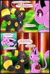 ambiguous_gender bag blue_collar blush boop collar comic dialogue duo eeveelution english_text espeon feral generation_2_pokemon green_scarf hi_res nintendo nose_boop pokemon pokemon_(species) rockii scarf speech_bubble text umbreon