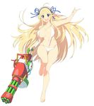  arm_up barefoot bikini blonde_hair breasts full_body gatling_gun green_eyes gun hairband halter_top halterneck holding holding_gun holding_weapon index_finger_raised katsuragi_(senran_kagura) large_breasts long_hair looking_at_viewer official_art open_mouth round_teeth senran_kagura senran_kagura_peach_beach_splash solo swimsuit teeth wardrobe_malfunction weapon white_bikini yaegashi_nan 