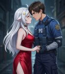  ada_wong ada_wong_(cosplay) ai-generated animal_ears cherrychierry cosplay dress highres leon_s._kennedy non-web_source rabbit_ears red_dress virtual_youtuber 