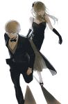  1boy 1girl alternate_costume black-framed_eyewear black_dress black_gloves black_jacket black_pants black_shoes blonde_hair bow bowtie closed_mouth commentary dress elbow_gloves english_commentary evening_gown expressionless floating_hair glasses gloves green_hair highres humica jacket land_(sousou_no_frieren) layered_sleeves long_hair long_sleeves looking_at_viewer muted_color pants pantyhose semi-rimless_eyewear shadow shirt shoes short_hair simple_background sleeveless sleeveless_dress smile sousou_no_frieren spaghetti_strap suit_jacket traditional_bowtie tuxedo ubel_(sousou_no_frieren) very_short_hair walking white_background white_pantyhose white_shirt 