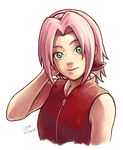  artist_name forehead_protector green_eyes hairband haruno_sakura highres konohagakure_symbol naruto naruto_(series) pink_hair shiori_lee_jeng signature smile solo upper_body 