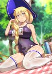  1girl aesc_(fate) aesc_(rain_witch)_(fate) blonde_hair blue_eyes braid breasts fate/grand_order fate_(series) glasses guriguri_(arayotto4351) hat highres large_breasts long_hair looking_at_viewer round_eyewear side_ponytail solo white_hat witch_hat 