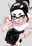  1girl artist_name bare_shoulders black-framed_eyewear black_dress black_hair breasts claw_pose cleavage collarbone colored_tips commentary_request demon_horns demon_tail drawn_horns drawn_tail dress eyelashes fingernails grey_background grey_eyes highres horns kikufou leaning_forward long_fingernails medium_breasts medium_hair multicolored_hair nail_polish octoling octoling_girl octoling_player_character ponytail red_hair red_nails short_dress simple_background smile solo splatoon_(series) standing strapless tail teeth tentacle_hair twitter_username two-tone_hair upper_teeth_only 