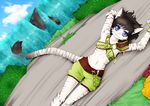  anthro clothed clothing feline female looking_at_viewer lovelesskiax lying mammal on_back outside smile solo waterfall 