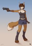  2014 anthro belt breasts brown_fur brown_hair canine choker cleavage clothed clothing eleode female fox fur green_eyes gun hair handgun mammal pistol ranged_weapon solo standing weapon white_fur 