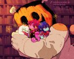  1girl 1other 2boys animal_ears blue_hair blue_skin bookshelf bracelet colored_skin colored_teeth commentary_request dark_sanctuary_(deltarune) deltarune furry furry_female furry_male giant glasses goat_boy goat_ears group_hug hug jackenstein_(deltarune) jewelry kris_(dark_world)_(deltarune) kris_(deltarune) mask multiple_boys pink_scarf pink_skin purple_hair ralsei reptile_girl scarf sharp_teeth smile spiked_bracelet spikes susie_(dark_world)_(deltarune) susie_(deltarune) taharu_(papiyas) teeth the_fun_gang utdr_(toby_fox) yellow_teeth 