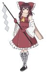  1girl absurdres ascot blush boots bow brown_eyes brown_hair closed_mouth commentary_request detached_sleeves forbidden_scrollery frilled_bow frilled_hair_tubes frilled_skirt frills full_body gohei hair_bow hair_tubes hakurei_reimu highres holding holding_gohei kiyo_(kiyo_mariari) knee_boots lace-up_boots long_hair looking_at_viewer mittens official_alternate_costume red_bow red_mittens red_skirt ribbon-trimmed_sleeves ribbon_trim scarf skirt skirt_set smile solo touhou white_boots yellow_ascot yellow_scarf 