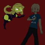 1:1 2022 after_transformation asfr black_bottomwear black_clothing black_pants bottomwear cardboardcutoutcbc clothing cobra_(cardboardcutout) digital_drawing_(artwork) digital_media_(artwork) duo english_description european_mythology fangs female gesture gorgon greek_mythology green_body green_eyes green_hair green_sclera green_skin hair hand_gesture human humanoid inanimate_transformation latex latex_clothing living_hair mammal mythology open_mouth pants petrification pink_tongue pointing pointing_at_another pointy_ears pseudo_hair red_background reptile scalie sculpture shirt simple_background snake snake_hair statue t-shirt teeth tongue topwear transformation