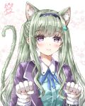  1girl animal_ear_fluff animal_ears ayaro_(genkiloobaii) black_hairband blue_ribbon blunt_bangs blush cat_ears cat_girl cat_tail closed_mouth commentary_request extra_ears eyelashes floral_background gloves green_hair hairband hands_up heaven_burns_red highres indoors jacket kemonomimi_mode light_particles long_hair long_sleeves looking_at_viewer mole mole_under_mouth murofushi_risa neck_ribbon open_clothes open_jacket paw_pose purple_eyes purple_jacket ribbon sidelocks signature simple_background smile solo split_mouth tail tail_raised twintails upper_body very_long_hair watermark white_background white_gloves 