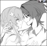  1boy 1girl alternate_costume art_program_in_frame blunt_ends closed_mouth collared_shirt commentary_request contemporary couple eyeliner flower from_side genshin_impact greyscale hair_flower hair_ornament hairclip half-closed_eyes hand_on_another's_nape heads_together hetero korean_commentary light_blush lumine_(genshin_impact) makeup monochrome open_collar red_eyeliner scaramouche_(genshin_impact) school_uniform shirt short_hair short_hair_with_long_locks sia37068010 sidelocks sketch smile smirk tsurime undershirt white_background 