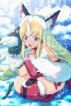  1girl :3 @_@ animal animal_ear_hairband animal_ears artist_name asymmetrical_clothes asymmetrical_gloves asymmetrical_legwear bare_shoulders blonde_hair blue_eyes boots chain chain_leash cold collar commentary_request crossed_arms dog fake_animal_ears fangs forehead_jewel fur-trimmed_boots fur_trim gloves green_ribbon hair_ribbon hairband highres holding holding_animal holding_dog leash long_hair low-tied_long_hair official_alternate_costume open_mouth outdoors parted_bangs red_boots red_gloves ribbon riesz seiken_densetsu seiken_densetsu_3 sidelocks single_glove single_thigh_boot snow squatting taruneko2006 tears thigh_boots winter 