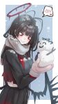  1girl antenna_hair black_hair black_wings blood blood_halo blue_archive blush breasts character_snowman commentary doodle_sensei_(blue_archive) halo highres holding_snowman komena_(shinyday312) large_breasts liquid_halo long_hair melting_halo red_eyes red_halo revision scarf school_uniform sensei_(blue_archive) smile snowman solo tsurugi_(blue_archive) untranslatable_commentary wings 