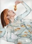  1girl absurdres animal brown_hair commentary english_commentary fish fishbowl hand_up highres holding holding_animal holding_fish kari_lilt medium_hair open_mouth original painting_(medium) realistic solo traditional_media upper_body watercolor_(medium) white_background 