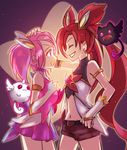  aa2233a alternate_costume alternate_hairstyle bare_shoulders choker commentary_request gloves hair_ornament hand_on_another's_head jinx_(league_of_legends) league_of_legends long_hair luxanna_crownguard magical_girl multiple_girls purple_choker red_eyes red_hair smile star_guardian_jinx star_guardian_lux thighhighs twintails 