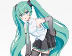  1girl aqua_eyes aqua_hair aqua_necktie black_skirt commentary_request detached_sleeves hatsune_miku hatsune_miku_(nt) headset long_hair necktie nekoinu_bamboo number_tattoo shirt skirt sleeveless sleeveless_shirt solo tattoo twintails vocaloid white_background white_shirt 