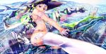  blue_eyes city floating_hand flying foreshortening garter_straps gauntlets gloves hat jitome lingerie makeup mashiro_akira original silver_hair single_thighhigh solo thighhighs tower underwear witch witch_hat 