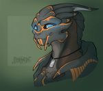  2016 alien blue_eyes blue_sclera bust_portrait colored cute digital_drawing_(artwork) digital_media_(artwork) dog_tags fan_character feranta glowing glowing_eyes green_background grey_body humanoid male markings mass_effect orange_markings portrait shaded side_view signature simple_background smile toony turian video_games yurik_(darznwolfe) 