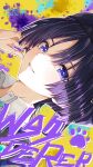  1boy absurdres beret black_hat blue_gem blunt_ends character_name collared_shirt commentary_request contemporary eyelashes eyeliner gem genshin_impact glint grin hair_between_eyes hand_on_own_face hat highres light_blush looking_at_viewer makeup male_focus official_alternate_costume open_collar paw_print purple_eyes purple_hair red_eyeliner scaramouche_(genshin_impact) school_uniform shirt sideways smile solo splatter_background teeth user_rrrt7878 wanderer_(genshin_impact) wanderer_(mega_mgc_coffee)_(genshin_impact) white_shirt wispy_bangs yellow_background 