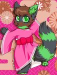  anthro big_eyes clothed clothing female japanese_clothing kimono looking_at_viewer lovelesskiax mammal raccoon smile solo 