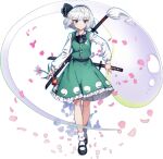  1girl artist_request black_bow black_bowtie black_hairband black_shoes bow bowtie closed_mouth collared_shirt falling_petals frilled_skirt frills full_body game_cg grand_summoners green_eyes green_skirt green_vest grey_hair hairband hitodama hitodama_print katana konpaku_youmu konpaku_youmu_(ghost) long_sleeves looking_at_viewer mary_janes multiple_swords official_art petals pink_petals sheath sheathed shirt shoes short_hair skirt skirt_set socks solo sword sword_on_back third-party_source touhou touhou_lostword transparent_background vest weapon weapon_on_back white_shirt white_socks 
