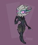  2016 2_toes 4_fingers alien big_eyes big_head clothed clothing cute fan_character feranta front_view full-length_portrait green_markings grey_body grey_clothing hi_res holding_object humanoid markings mass_effect no_pupils pink_eyes pink_sclera portrait purple_background signature simple_background solo standing takkanata toes toony turian video_games 