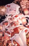  1girl :d absurdres aerial_fireworks ahoge animal_ears blue_eyes bow capelet cat_ears cat_girl cat_tail chinese_new_year fireworks fur-trimmed_capelet fur-trimmed_skirt fur_trim hair_bow heterochromia highres holding holding_lantern lantern long_hair looking_at_viewer low_twintails night original pantyhose pink_eyes qingye_tuanzi red_bow red_capelet red_skirt skirt smile solo tail tail_ornament twintails virtual_youtuber white_hair white_pantyhose 