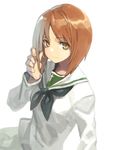  azuki_(azuki-taste) bangs blouse brown_eyes brown_hair closed_mouth cross eyebrows_visible_through_hair girls_und_panzer hand_in_hair highres long_sleeves looking_at_viewer neckerchief nishizumi_miho ooarai_school_uniform school_uniform serafuku short_hair simple_background single_stripe sketch smile solo standing upper_body white_background white_blouse 